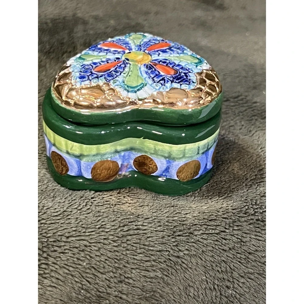 Lavorato A Mano In Oro Zecchino Mosaic Heart Trinket Box Hand painted Gold(1969)